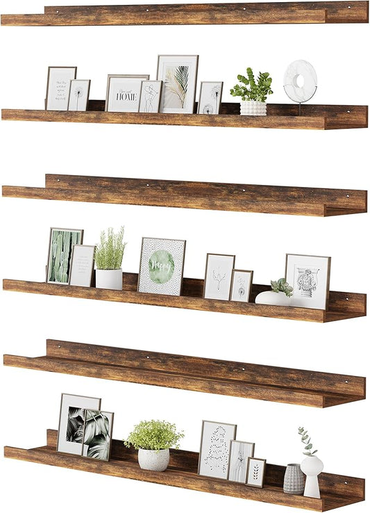 upsimples Floating Shelves for Wall, 47.3 Inch Shelves for Decor Storage Set of 6, Wall Mounted Wood Shelf for Bedroom, Living Room, Bathroom, Kitchen, Long Picture Ledge Shelves, Brown