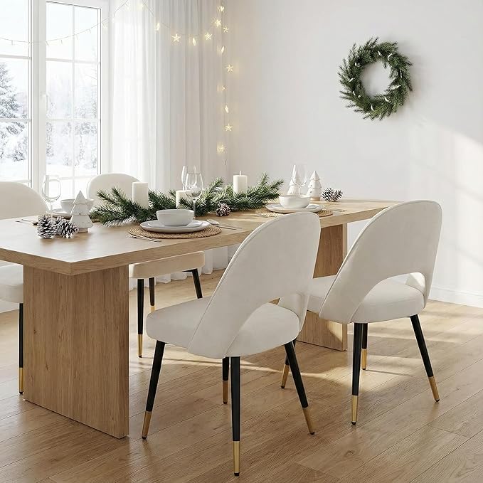 LukeAlon Classic Velvet Dining Chairs Set of 4, Upholstered Open Back Kitchen Chairs with Metal Legs Armless Side Chairs Mid Century Dining Chair for Dining Room, Beige