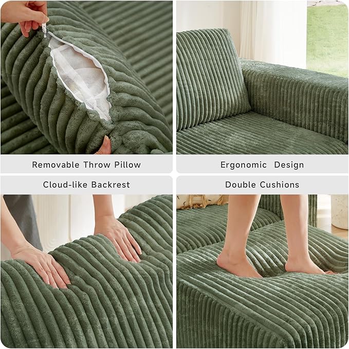ONBRILL 110" Modular Sectional Sofa, L Shaped Couch 4 Seater with Sleeper Chaise, Sectional Couch with Deep Seat,Upholstered Corduroy Cloud Couches for Living Room,Bedroom,No Assembly Required,Green