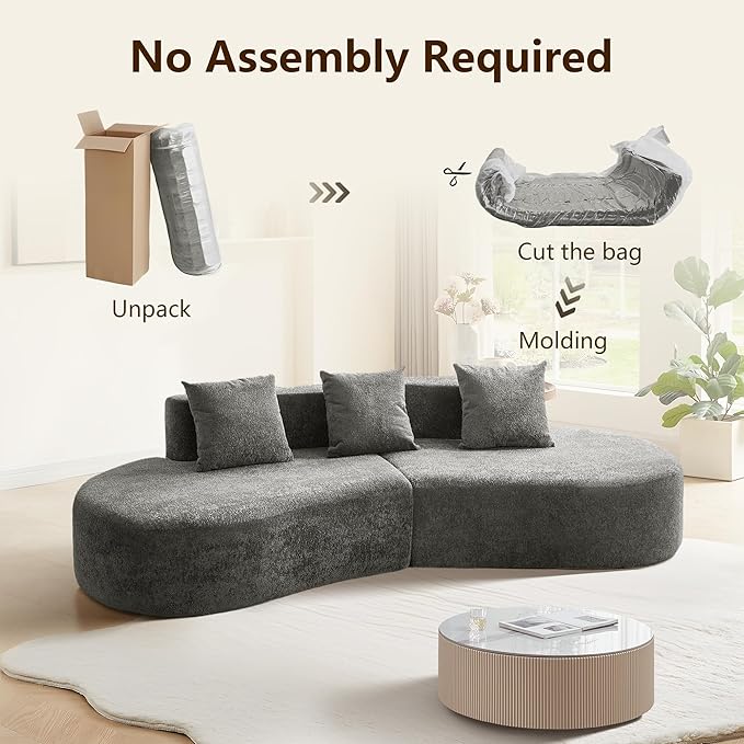 109'' Curved Couch, Mid Century Modern Half Moon Sofa, Luxury 3-Seat Couch with High-Density Foam Filled, Raindrop Velvet Fabric Sectional Sofa for Living Room, Apartment, Office, Grey