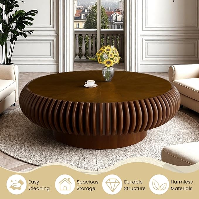 Fluted Round Coffee Table for Living Room 39.37" Modern Drum Coffee Table Mid Century Handcrafted Circle Wood Center Tables with Pedestal for Small Space Apartment (Walnut)
