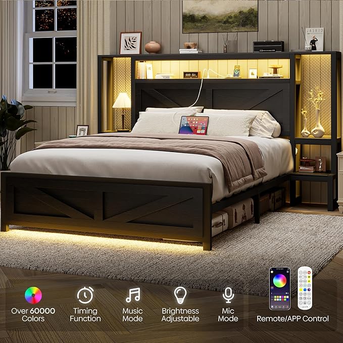 Full Size Rustic Bed Frame with Storage Born Door Headboard and Bedside Storage, Industrial Farmhouse Metal Platform Bed Frame with Charging Station and LED Lights, Black