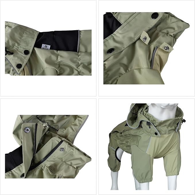 LOVELONGLONG Waterproof Dog Raincoat with Removable Hood – Outdoor Full Body Dog Jacket, Windproof Snowproof Shell Suit – All Season Pet Rain Gear Sage Green L