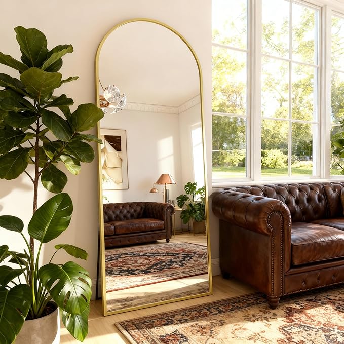 Arched Full Length Mirror,76" L x 34" W Floor Mirror, Aluminum Alloy Frame, Shatterproof Glass - Free Standing, Leaning or Wall Mounted for Bedroom, Living Room, Entryway, Modern Home (Gold)