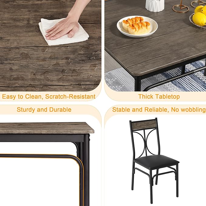 VECELO 5-Piece Dining Table Set for Home Kitchen Small Space Breakfast Nook, 4 Faux Leather Metal Frame Chairs, Brown,Set for 4