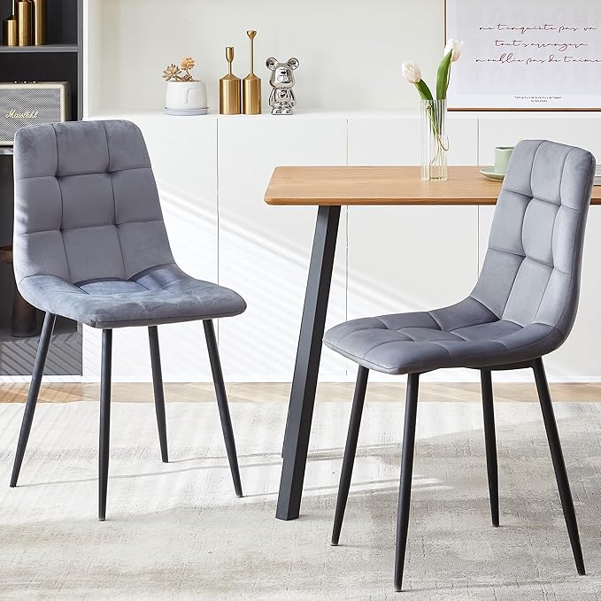 NORDICANA Grey Velvet Dinner Chairs Set of 2, Modern Armless Dining Side Chairs with Metal Legs for Kitchen Living Room Vanity