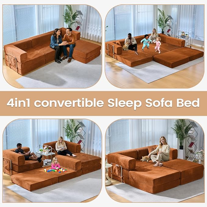 Folding Sofa Bed Convertable Corduroy Couch King Size Floor Sleeper 4-in-1 DIY Combination Modular Sofa Fold Out Futon Lounge Comfy Foldable Lazy cama for Living Room (Orange)
