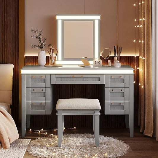 Merax 48" Vanity Desk with Mirror and Lights, Makeup Vanity with 7 Drawers and Cushioned Stool, Classic Finish Dressing Table with Hollow Design Drawer for Bedroom, Rubber Wood Legs, Grey-Blue
