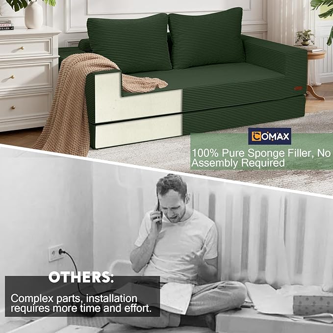 COMAX Convertible Sofa Bed Queen, Corduroy Folding Floor Couch Pull Out Couch Bed Futon Sleeper with Pillows, Fold Out Boneless Sofa Comfy Lounge Mattress Loveseat for Living Room Bedroom, Green