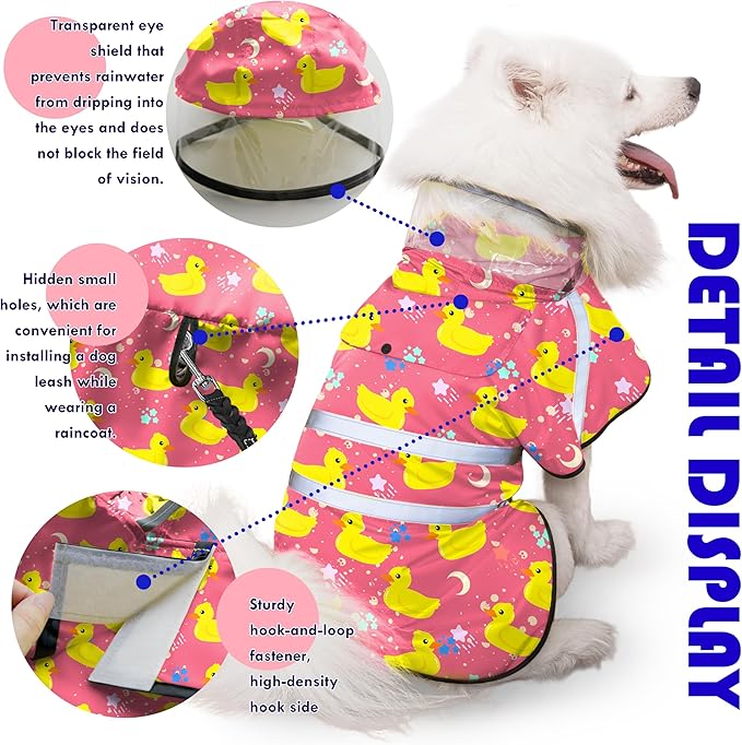Dog Raincoat, Adjustable Dog Rain Jacket with Clear Hooded Double Layer for Large Medium Small Dogs Puppies, Waterproof Rain Coat Poncho Duck, Pink-L