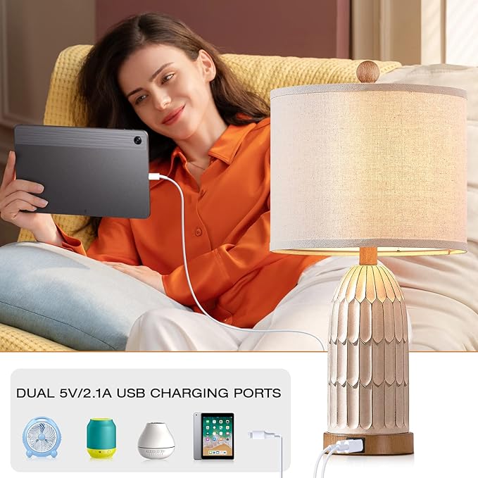 Boho Table Lamps Set of 2, Farmhouse 3-Way Dimmable Touch Nightstand Lamp with 2 USB Charging Ports, White Vintage Bedside Lamp for Bedroom Living Room End Table (Bulbs Included)
