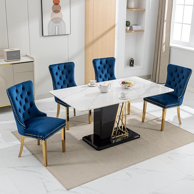 Luxury Upholstered Dining Chairs Set of 4, Blue Kitchen Chair with Golden Metal Legs, Velvet Tufted Back Dining Chair, Sillas de Comedor, Modern Kitchen & Dining Room Chairs (Blue, 4 Pcs)