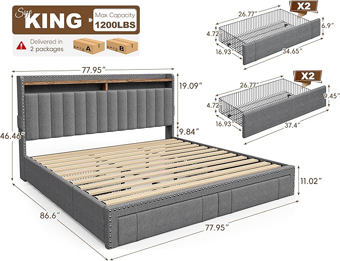 EnHomee King Size Bed Frame, Upholstered King Bed Frame with 4 Storage Drawers & 2-Tier Headboard Shelves, 1200LBS Heavy Duty, No Box Spring Needed, Easy Assembly, Grey