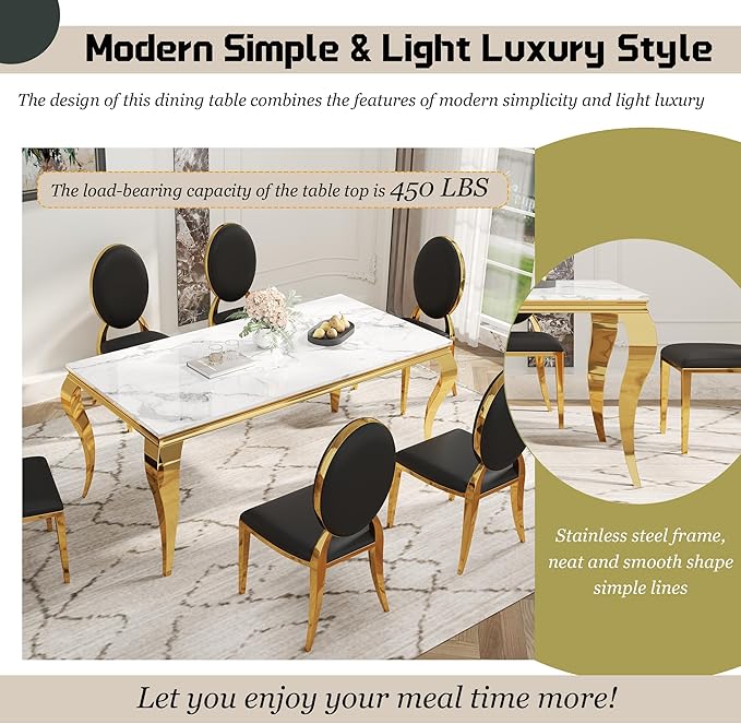 7-Piece Dining Table Set for 6, Faux Marble Modern Dining Table Set with 6 Round Backrest Upholstered Chairs, 70“ Stainless Steel Legs Table & Chair Set for Kitchen, Black & Gold
