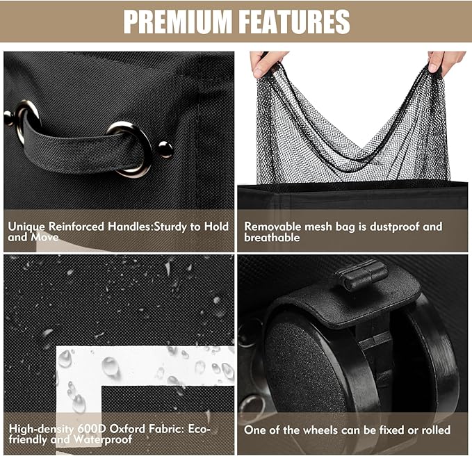 DOKEHOM 29-Inches Enlarged Slim Laundry Basket with Removable Wash Bag on Wheels, Collapsible Rolling Laundry Hamper, Foldable Narrow Corner Clothes Storage Bins (Black)