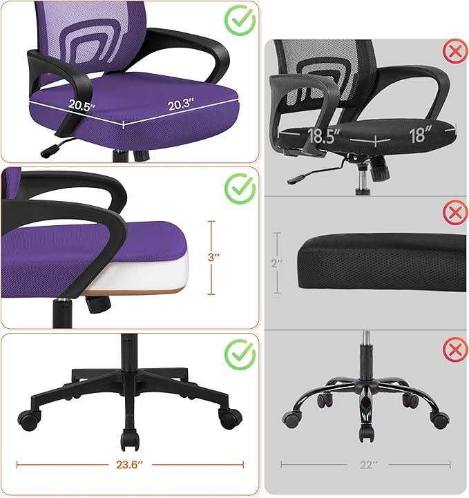 Yaheetech Office Chair Ergonomic Mesh Chair w/Lumbar Support Armrest Wheels Comfortable Racing Seat Adjustable Swivel Rolling Home Executive Mid Back Computer Chair for Adults, Purple
