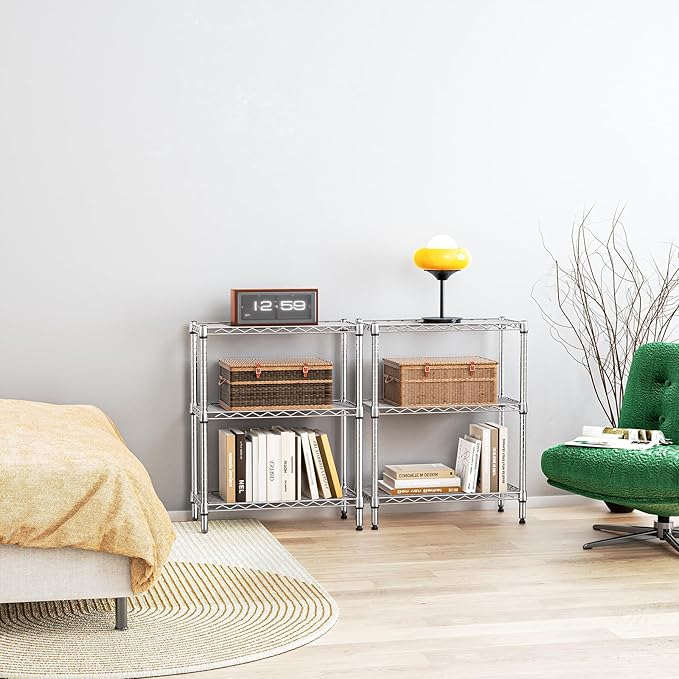 IZEUK 3 Tier Heavy Duty Steel Storage Shelves, Metal Shelf Wire Shelving Rack for Pantry, Kitchen, Cloakroom or Office Organization (11.8" D x 25.6" W x 31.5" H, 750LBS, Chrome)