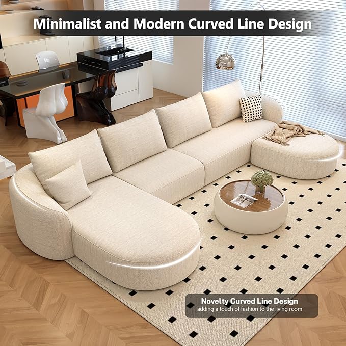 138.6" Modular Sectional Couches Luxury Modern Curved Back U-Shape Sofa Set with Ottoman,Minimalist Comfy Boneless Cloud Couch for Living Room Apartment,(Left Facing Chaise,White)