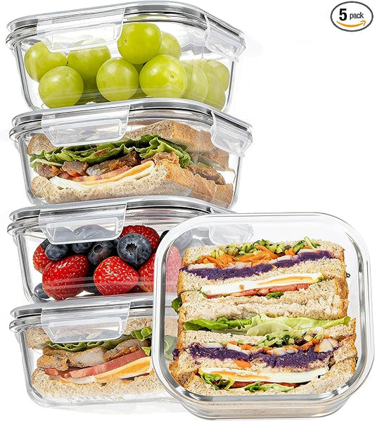 Vtopmart 5Pack 27oz Glass Storage Containers with Lids, Glass Meal Prep Food Container Sets, Sandwich Containers with Snap Airtight Lids for Microwave, Oven, Freezer and Dishwasher, Grey