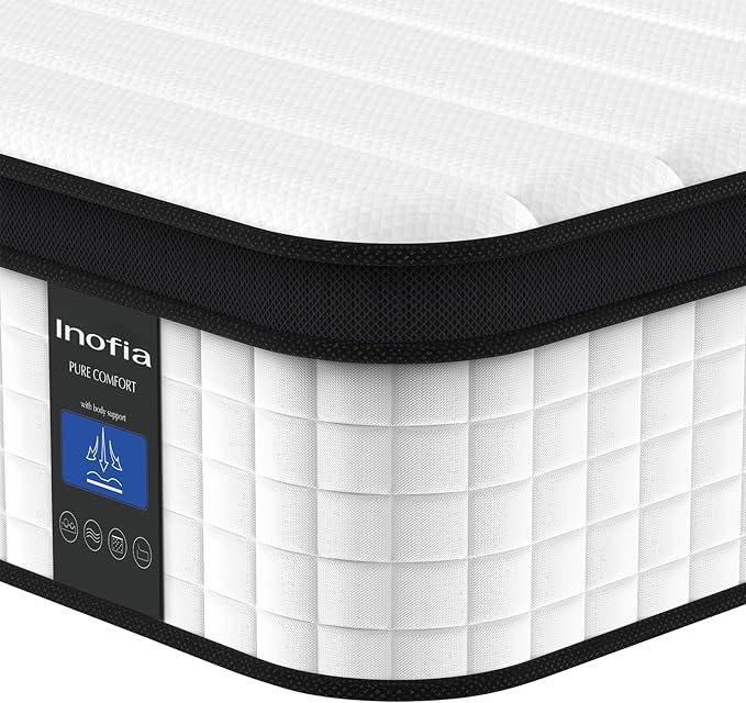 Inofia Queen Mattress, 12 Inch Hybrid Innerspring Double Mattress Cool Bed with Breathable Soft Knitted Fabric Cover, 101 Nights Trial