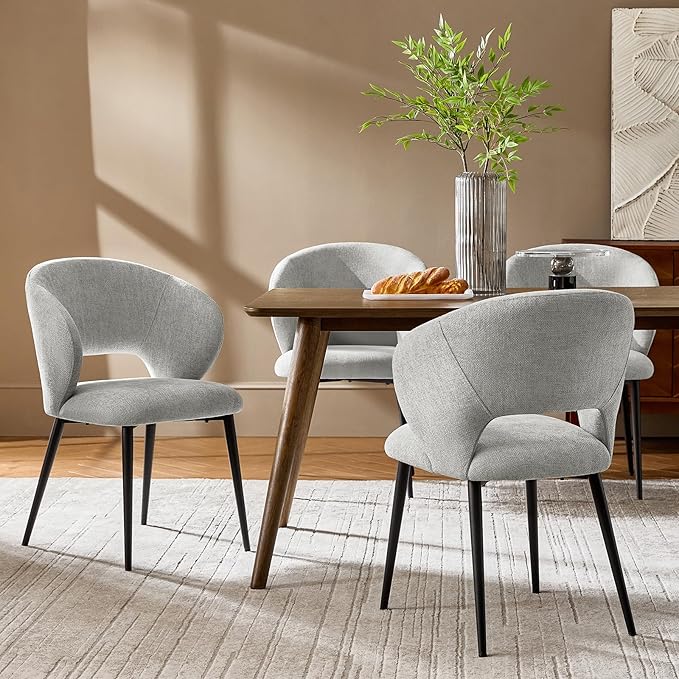 Contemporary Dining Chairs with Armrests – Ergonomic Soft-Padded Seat, Curved Backrest, Matte Black Metal Legs, Comfortable Kitchen & Dining Room Chairs, Set of 4