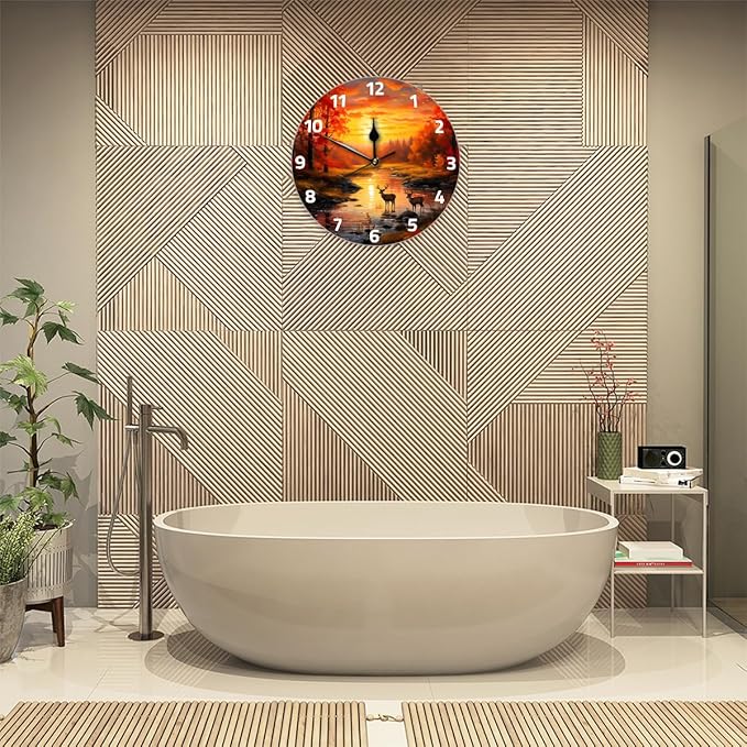 Forest River Sunset Deer Wall Clock Battery Operated 10 in Round Wall Clocks Slilent Non Ticking Quartz Analog Clock for Bedroom Kids Living Room Classroom Decor