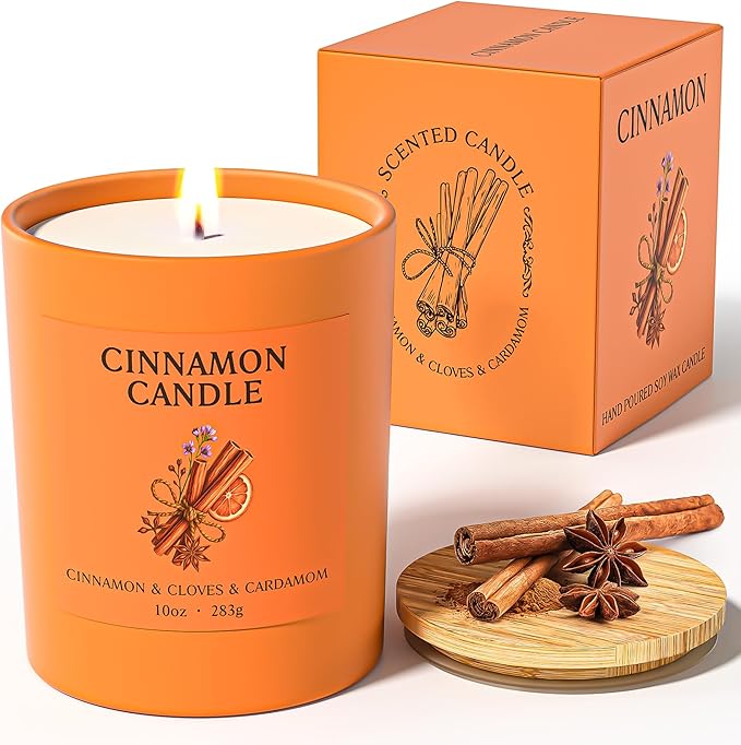 NORVENCE Cinnamon Candle, Cinnamon Scented Candles for Women, 10oz Soy Candles with Bamboo Lid for Home Scented, Birthday Gifts for Women and Men, Hand-Poured Candle for Relaxation, Home Decor