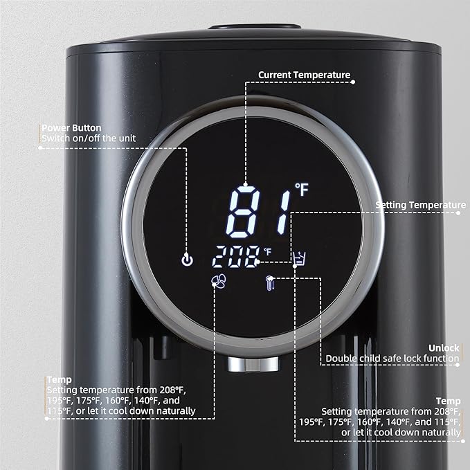 OCTAVO Water Boiler & Warmer 5 Liter, 304 Stainless Steel Water Tank, 700 Watt 6 Adjustable Water Temperature, LCD Touch Control Screen, Child Lock with Water Shortage Indicator
