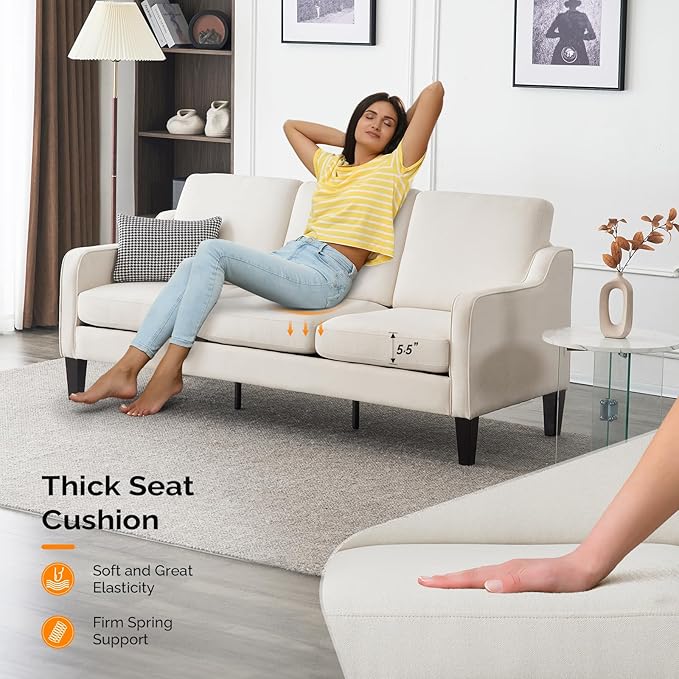 VINGLI Small Couch Sofa 71" Comfy Couches for Living Room Beige 3 Seat Sofa Couch Mid Century Modern Sofa Furniture Couches with Scooped Arms for Small Spaces, Bedroom, Apartment, Studio