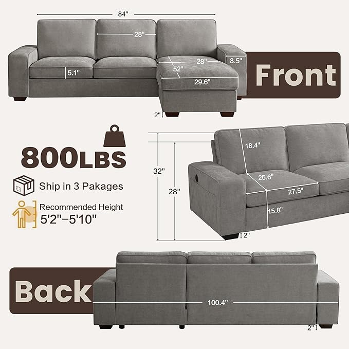 PARKOL 99" L-Shaped Sectional Couch with Storage, Sofa with Reversible Chaise, USB Type-C Charging, Chenille Fabric, Removable Cushion Covers, for Small Space, Apartment, Living Room, Light Gray