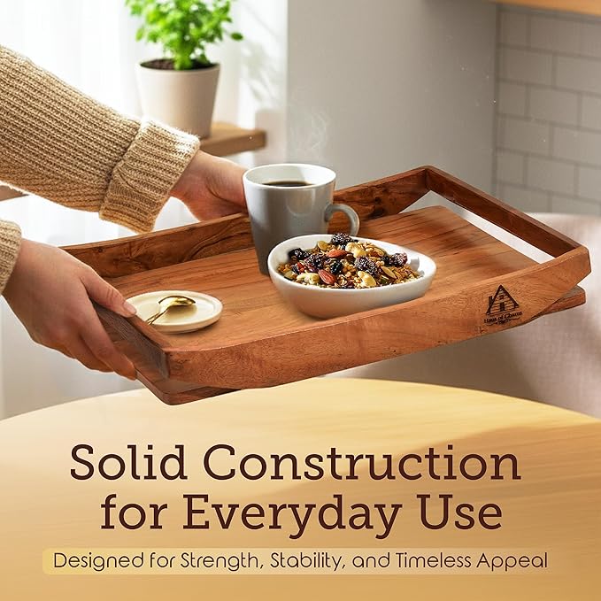 Solid Acacia Wood Tray - Large Breakfast in Bed & Coffee Table Wooden Tray - Food-Safe, Gift-Ready Packaging - Complimentary Rubberwood Catchall - 17x13