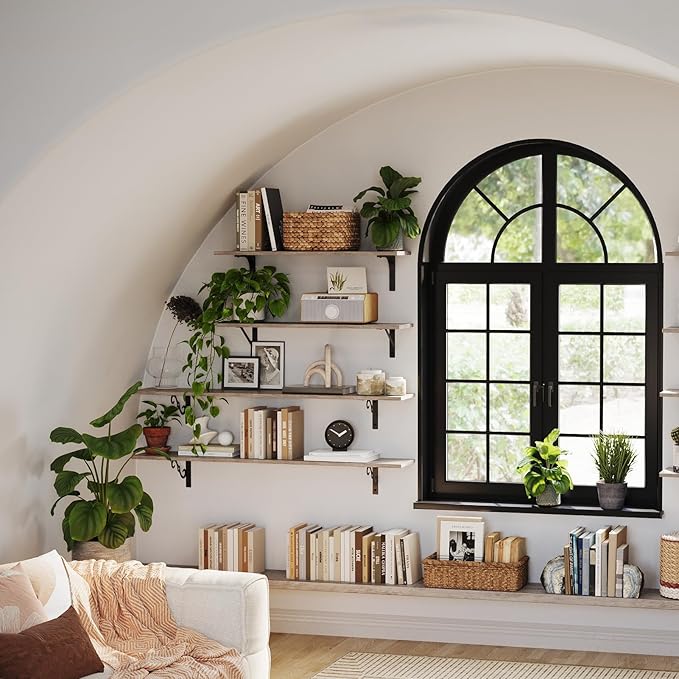 DINZI LVJ Long Wall Shelves, 31.5 Inch Wall Mounted Shelves Set of 2, Easy-to-Install, Wall Storage Ledges with Sturdy Metal Brackets for Living Room, Bathroom, Bedroom, Kitchen, Greige