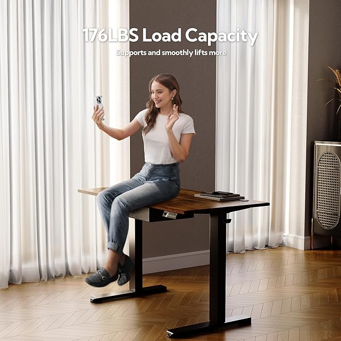 Seang Standing Desk with Drawer, 48" x 24" Height Adjustable Stand Up Desk, 3 Memory Height Settings with Cable Grommets & Storage Hooks, Ideal for Home & Office, Rustic Brown