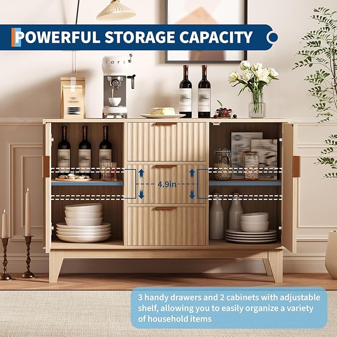 GarveeHome Fluted Buffet Storage Cabinet, 47.2 in Large Coffee Bar Kitchen Sideboard Cupboard with 3 Drawers 2 Doors for Living Room Entryway, Oak