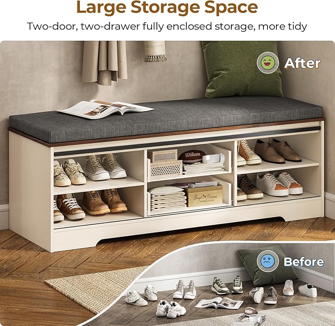 Farmhouse Storage Bench with Cushion, Shoe Rack with Slide Barn Doors, Adjustable Shelf and 2 Drawer for Entry, Bedroom, Closet, Living Room, Hallway (White Brown, 59.8 in)
