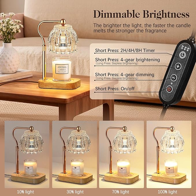 Candle Warmer Lamp with Timer Dimmer, Modern Wax Warmer for Scented Wax Jar Candle Warmer with 2 Bulbs, Adjustable Height Glass Lamp for Gifts for Women, House Warming Gifts, Home Decor, Gold Clear