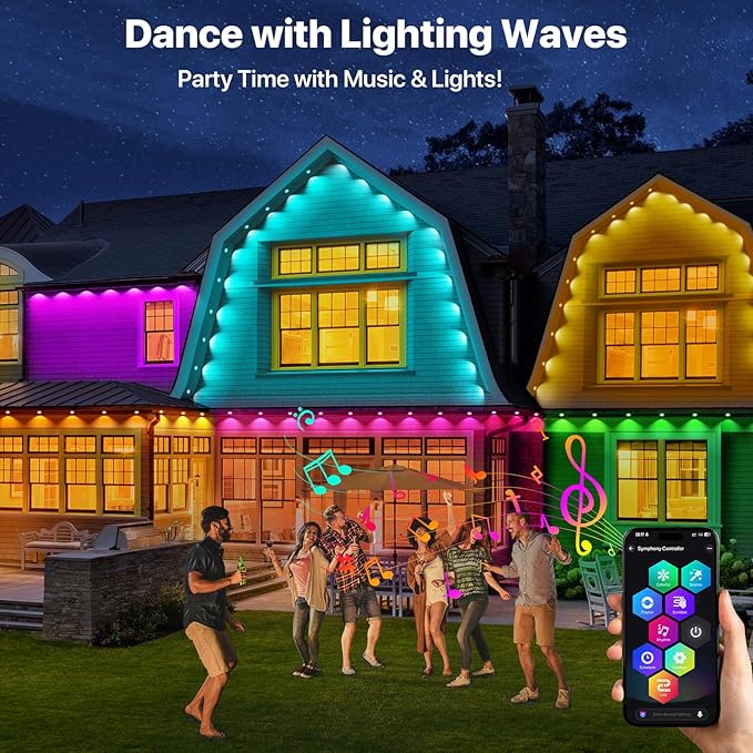 Permanent Outdoor Lights, 100FT RGB+IC LED Lights with Smart APP & Remote Control, 72 Scene Modes, Waterproof IP65 for Holiday, Christmas, Yard Decorations(Extension Cord Not Included)