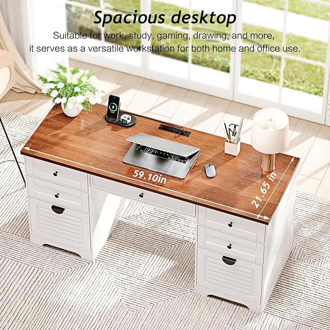59" Home Office Desks, Executive Desk, Farmhouse Computer Desk with 7 Drawers and Charging Station, File Drawer, Rustic Computer Writing Desk,Antique Cream