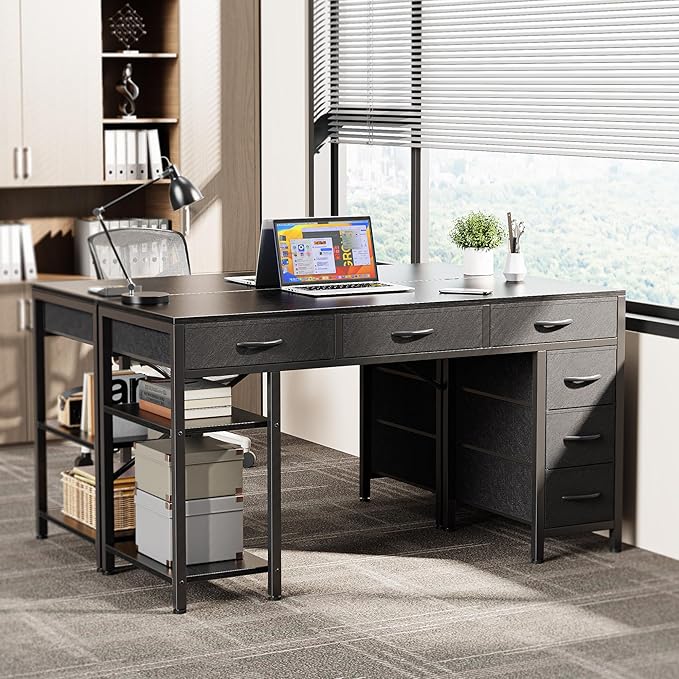 Huuger Computer Desk with 6 Drawers, 47 Inch Office Desk with Shelves, Reversible Gaming Desk, Corner Desk with Storage, Work Desk for Home Office, Study, Living Room, Black