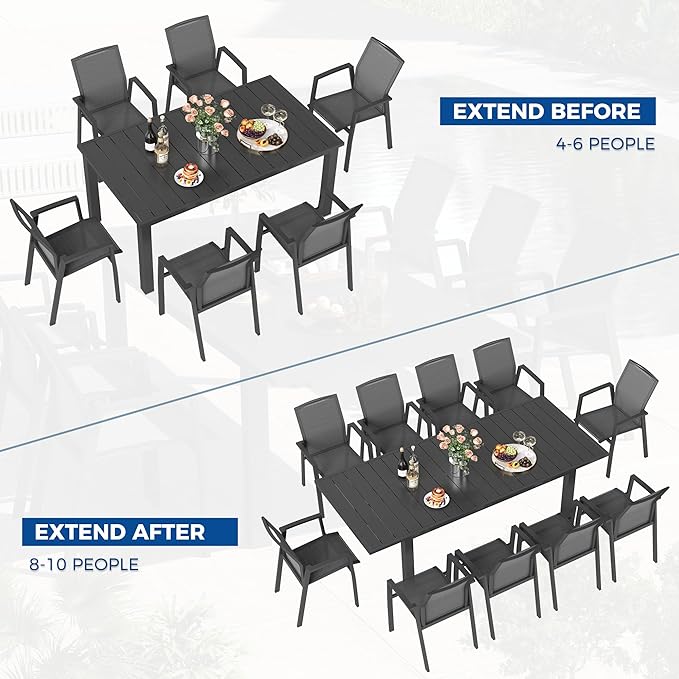 Wisteria Lane 9 Piece Aluminum Outdoor Patio Dining Sets with Fully Assembled Dining Chair，91.3" L×39.4" W Expandable Patio Table and Chairs Set for 8, Stackable Chairs with Quick Drying Fabric, Grey