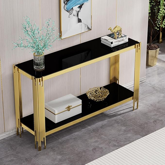 Goujxcy Modern Glass Console Table 55" Gold Entryway Table with Black Glass Top and Mirror Finish Stainless Steel Legs, Luxury Rectangular Sofa Tables for Living Room Hallway Corridor Table (Gold)