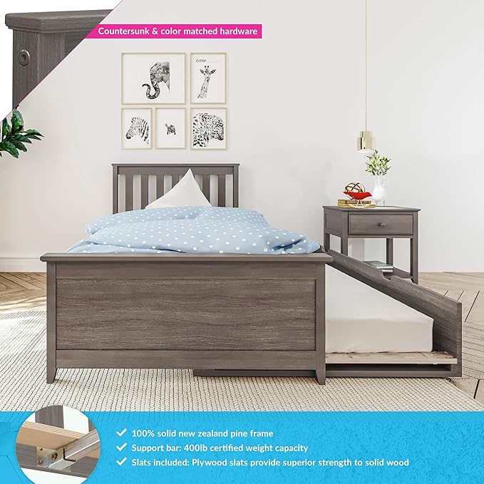 Max & Lily Twin Bed, Wood Bed Frame with Headboard For Kids with Trundle, Slatted, Clay