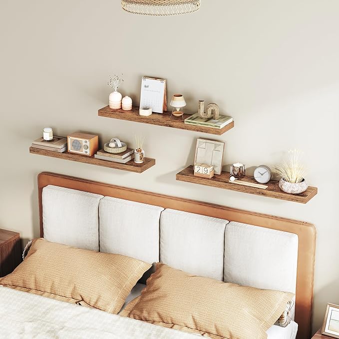 Floating Shelves for Wall, 1.5" Thick Wall Shelf Set of 3 with Invisible Brackets, L31.5 x W7.9 Hanging Shelves Farmhouse Home Decor for Bathroom, Living Room, Bedroom, Rustic Brown 8301BJP3BF