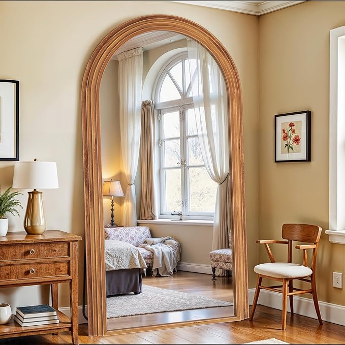 Antok Full Length Mirror 82"×44" Floor Mirror Standing Tall Mirror, Arched Stand up Large Wall Mirrors, Freestanding Full Body Mirrors for Bedroom Living Room Wood Vintage Style Brown
