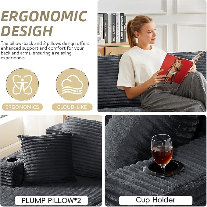 134 Inch Cloud Sectional Couch for Living Room,Corduroy Boneless Couches with Cup Holder,Modern Modular Sectional Sofa with Deep Seat,No Assembly Required (Dark Gray, U-Shaped Sofa)