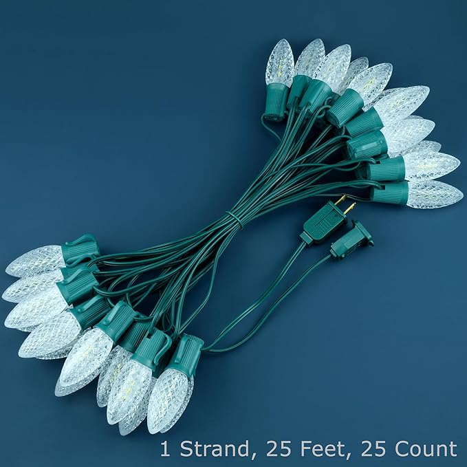 YULETIME Cool White C9 LED Christmas Lights, 25 Feet 25 Count 12" Spacing Faceted Strawberry Bulbs UL Certified Outdoor String Light Set (Cool White)