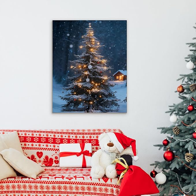 Framed Christmas Pictures Wall Decor,Vintage Pine Tree Prints,Winter Christmas Canvas Wall Art Decoration for Bedroom Bathroom Living Room Rustic Xmas Holiday Gifts (Christmas Tree 19, 16'' X 24'')