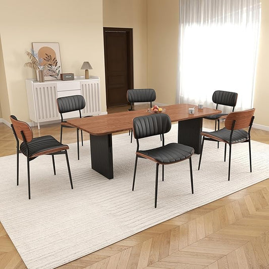 Mid Century Modern Dining Chairs Set of 6,Upholstered Faux Leather Kitchen Chairs with Walnut Bentwood Back and Metal Legs for Kitchen Dining Room Living Room, Black