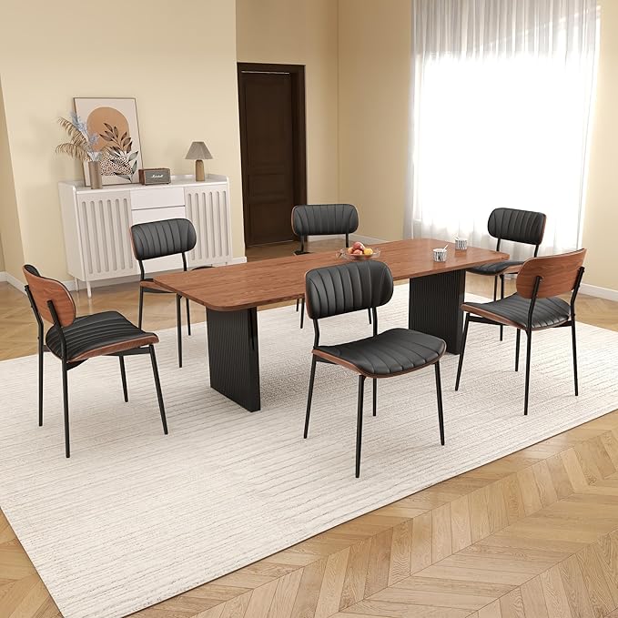 Mid Century Modern Dining Chairs Set of 4,Upholstered Faux Leather Kitchen Chairs with Walnut Bentwood Back and Metal Legs for Kitchen Dining Room Living Room, Black