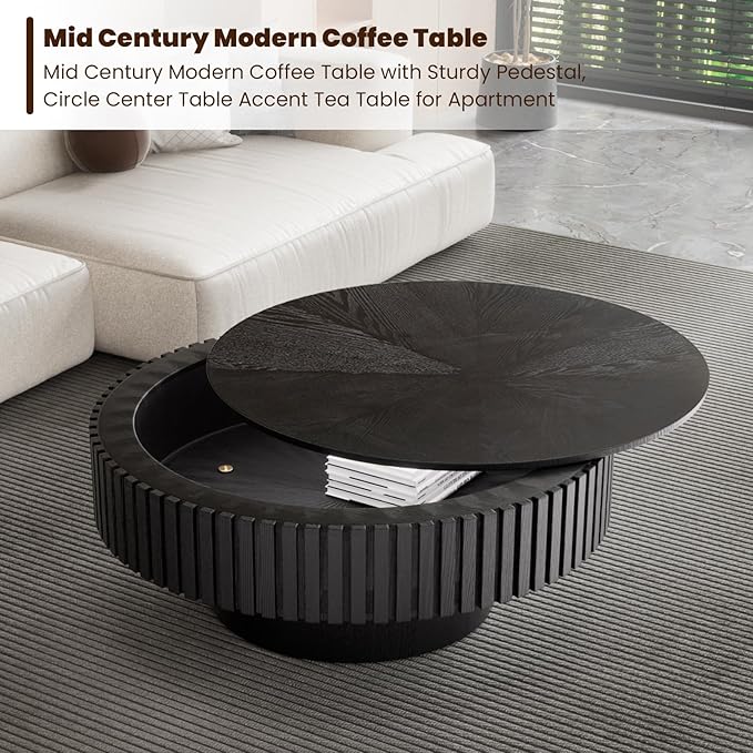 Round Drum Coffee Table with Storage, 31.5" Modern Handcraft Fluted Drum Coffee Table, Wooden Circle Center Table with Sturdy Pedestal for Living Room Apartment (31.5" Black with Storage)